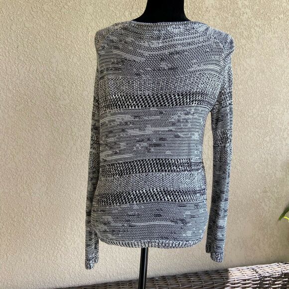 lou & grey Womens Sweater Sz Medium Black White Pullover Open Weave Reverse Knit - Picture 4 of 7